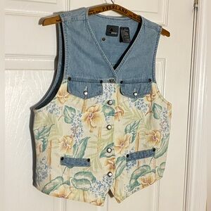 Vintage Lizwear Women’s Denim & Floral Vest – Medium Button Front Retro 90s